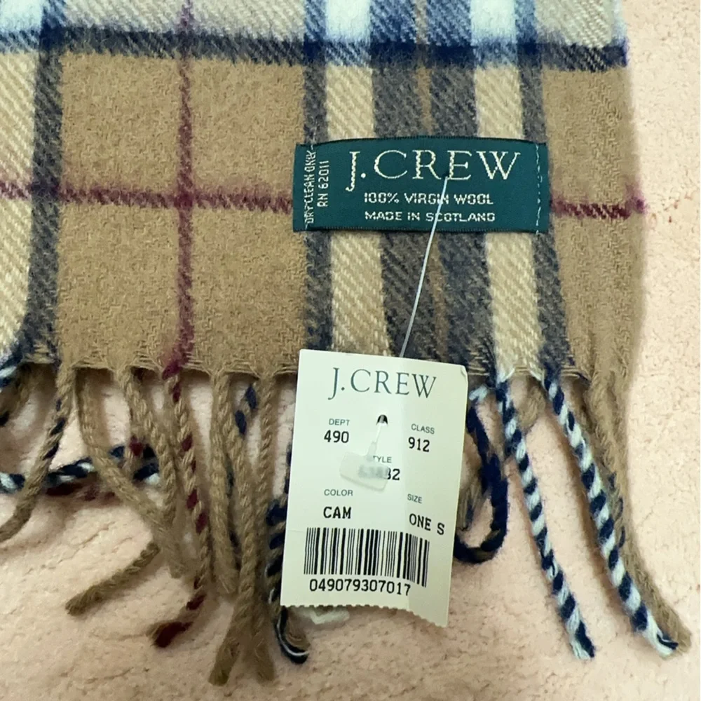 J. CREW NWT Vintage 100% Wool Men’s Soft Scarf Brown Plaid w/ Fringes 68” x 14”